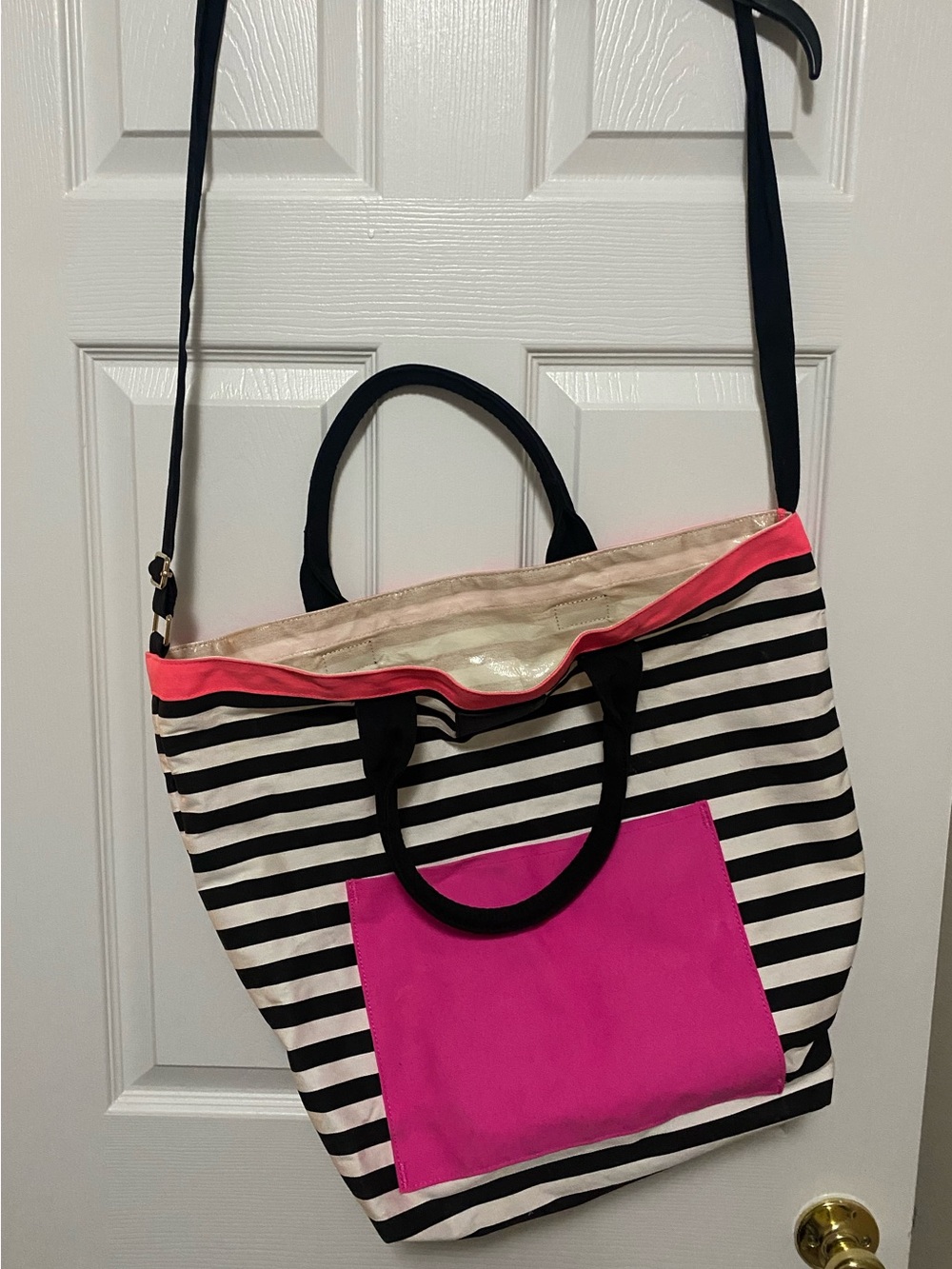 Victoria's Secret Striped Pink/Black/white/Coral tote bag.